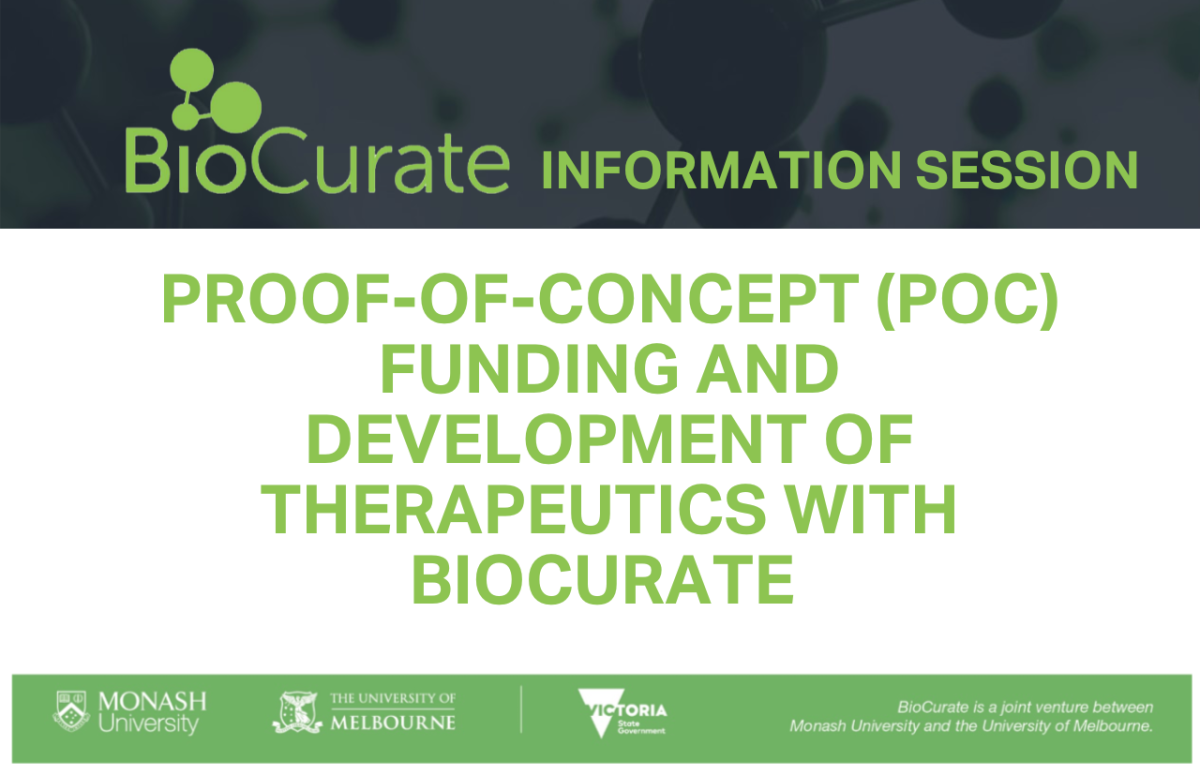 Proof of concept funding and development of therapeutics with biocurate